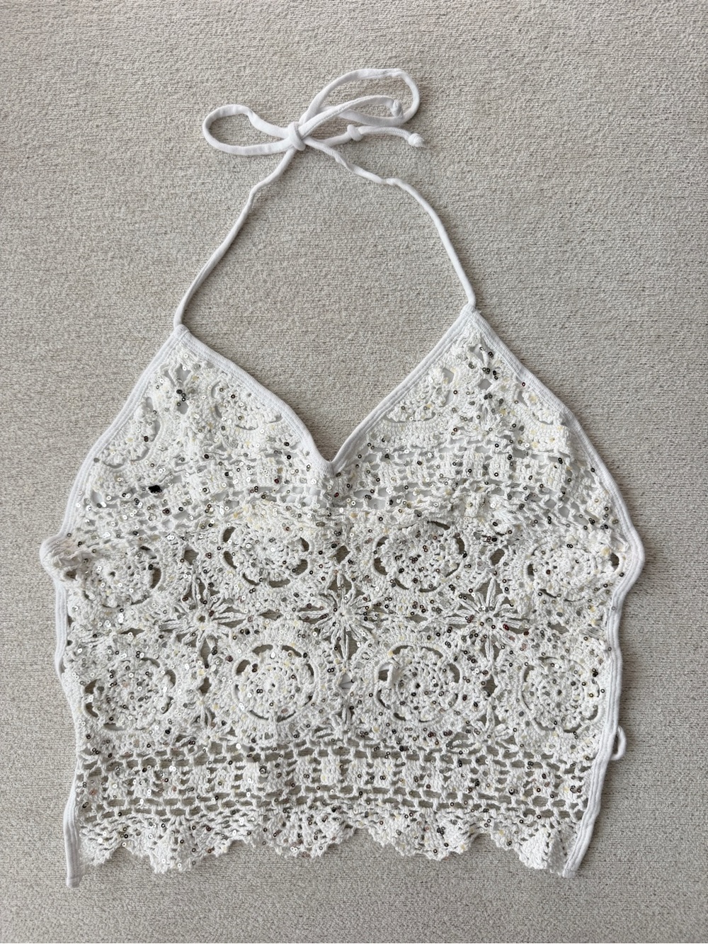 VTG Y2K Sz XL White Crochet Sequin Halter Crop Top Cotton Open Back By Marianne